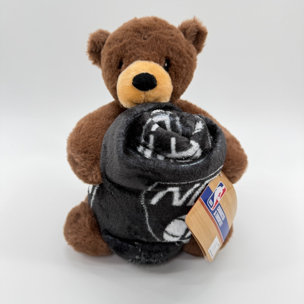 Northwest NBA Brooklyn Nets Plush Bear Throw Set Kids 40x50 Poly Brown Black